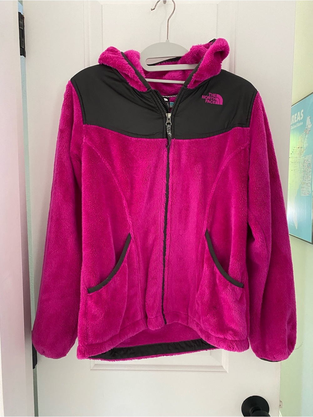 The North Face Kids Hot Pink Hooded Fleece Jacket with Black Yoke